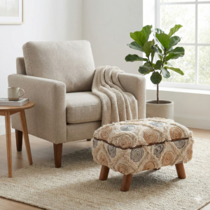 Tufted Fabric Footstool with Embroidered Spiral Pattern