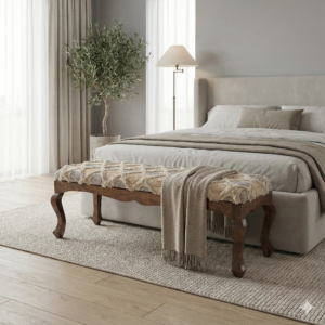 Tufted Embroidered Fabric Bench with Curved Wood Legs