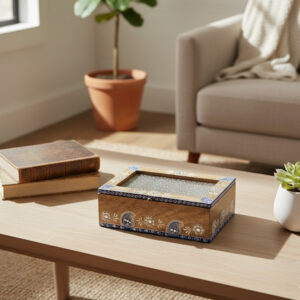 Handcrafted Wooden Decorative Storage Box with Traditional Border Art