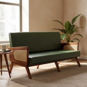Olive Green Wooden 2 Seater Sofa with Cane Arm Panels