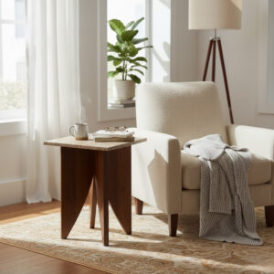 Granite Top Wooden Side Table with Curved Base