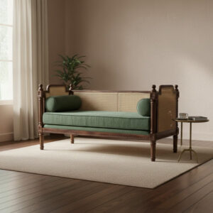 Natural Wood Frame 2 Seater Sofa with Cane Armrest Design